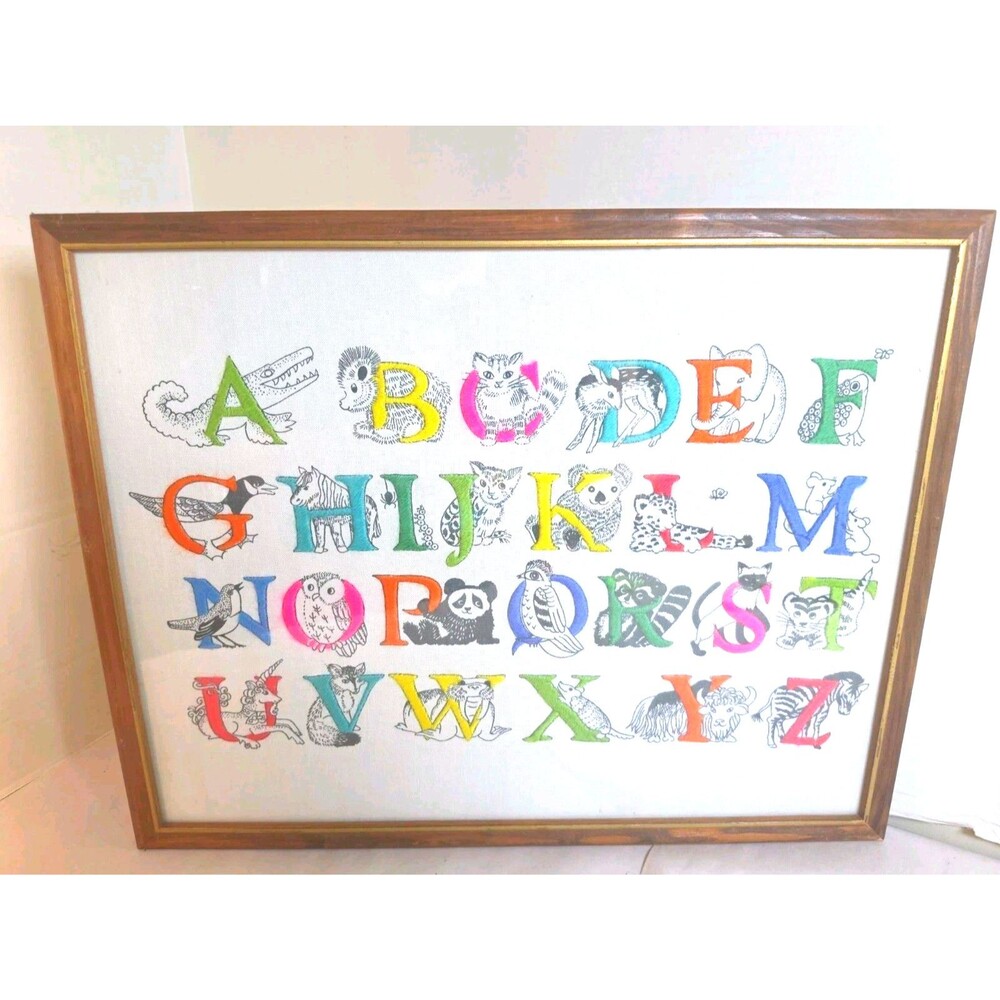 Rare Vintage Glass Framed Erica Wilson Columbia-Minerva Alphabet Animal Crewel